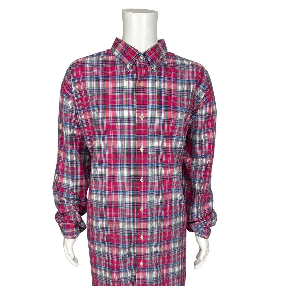 Ralph Lauren Mens 4XLT Pink Blue Plaid Button Down Cotton Stretch Shirt Tall